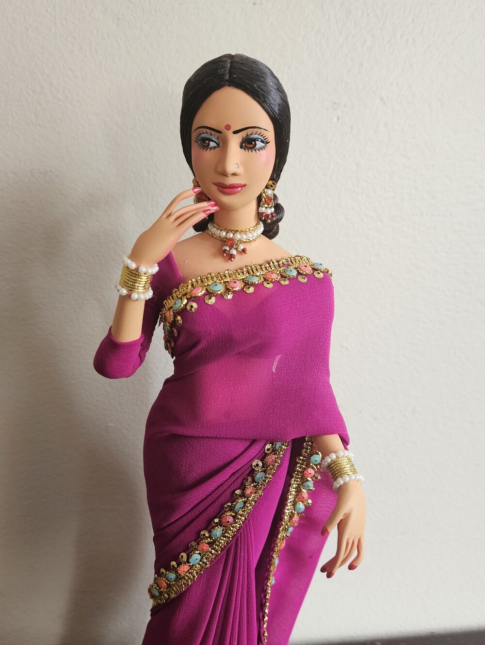 Vintage Handmade Indian Saree Doll 12" Signed Leah Fine Artisan Souvenir Figure